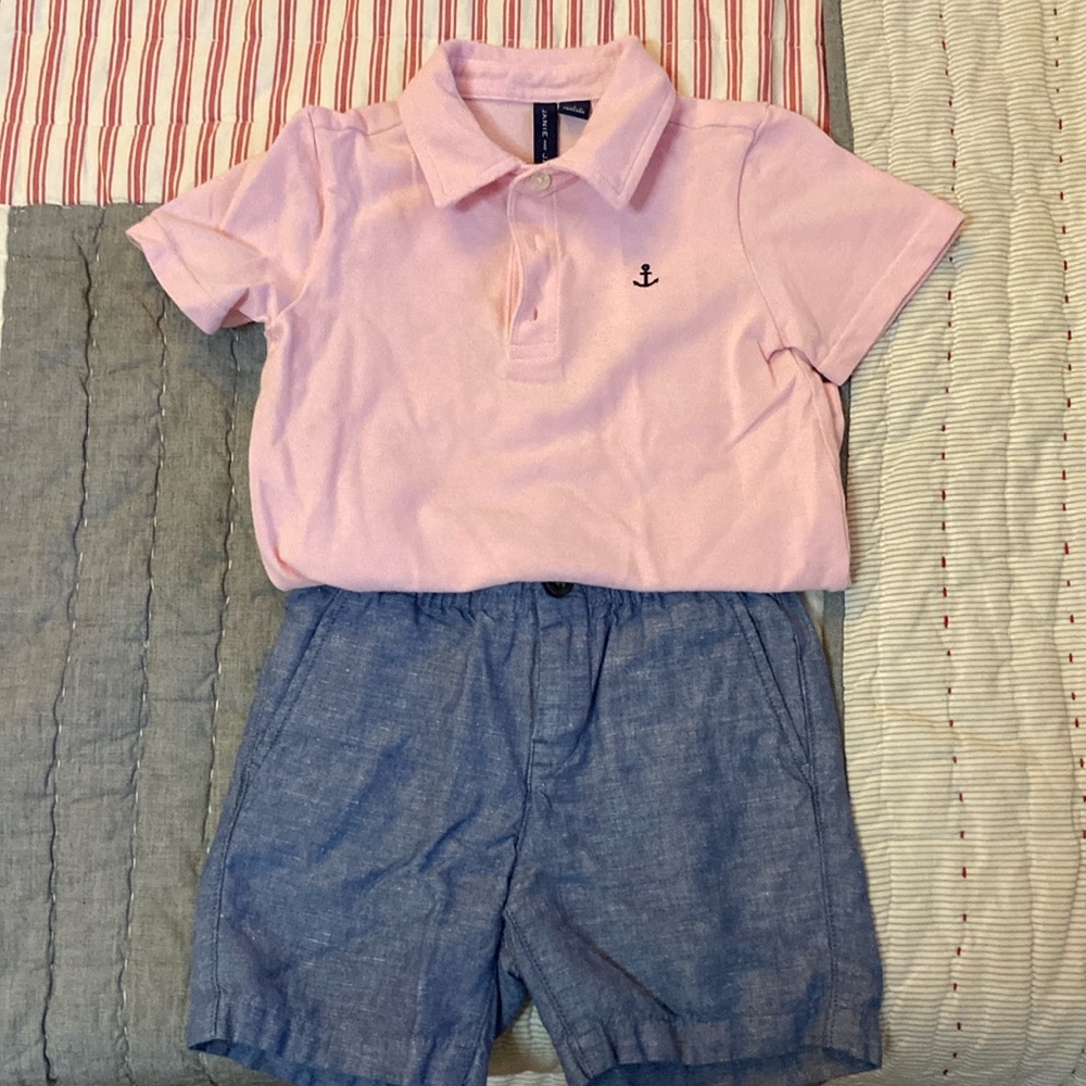 Janie and Jack pink nautical polo shirt and cotton blue linen like shorts.